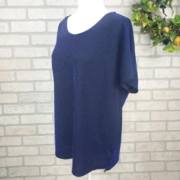SIMPY STYLED Metallic Short Sleeve Blouse Blue Size L - Picture 3 of 10
